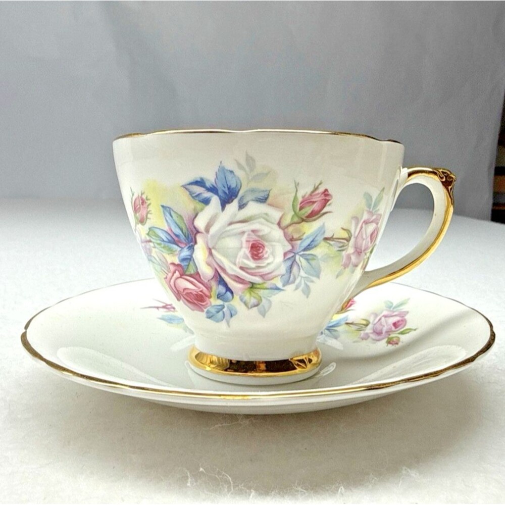 Delphine Bone China England Teacup Saucer Pink Blue Roses Gold Trim Vintage